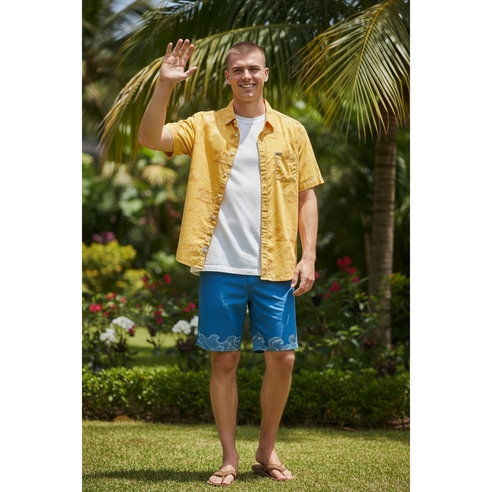 Dakine Mens‎ Yellow Tropical Island Palm Tree Print Cotton Button Down Shirt L